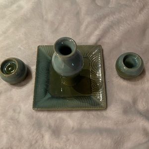 Vintage teal green ombré candle plate inscence jar tea light set centerpiece